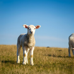 Fototapeta premium Curious Lamb in Sunny Pasture, Another Grazing in Background