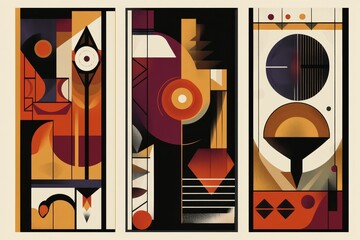 Obraz premium Three abstract panels with geometric shapes in orange black brown and white colors.