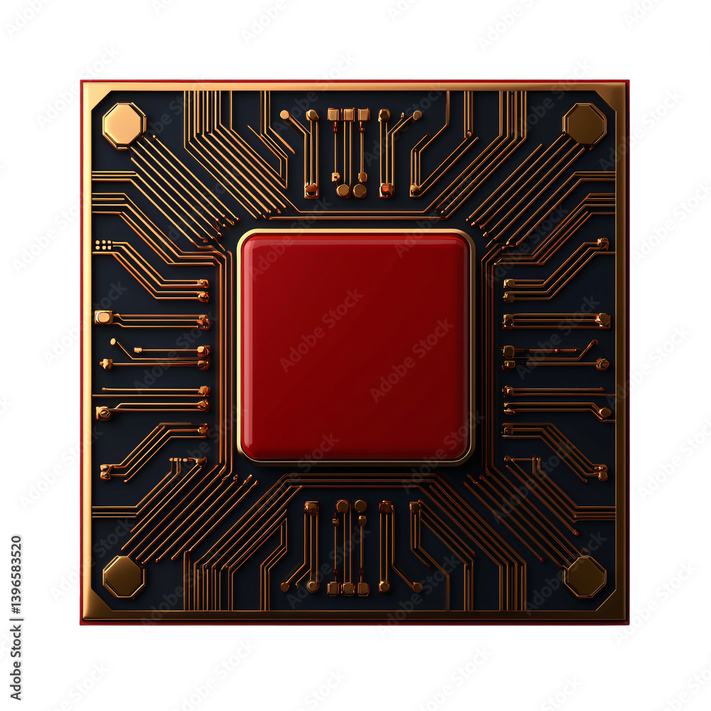 Poster red and gold microchip circuit board technology closeup abstract digital design