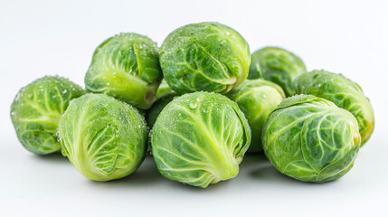 Studio image of dewy Brussels sprouts arranged slightly to the left bottom of a clean surface