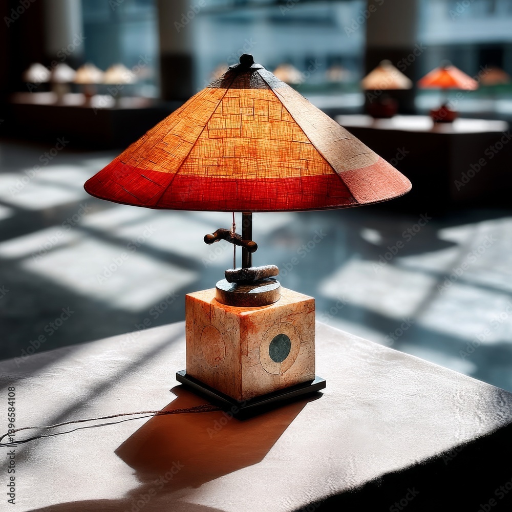Poster artisan table lamp with woven shade and geometric base in lobby sunlight