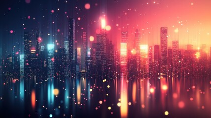 Obraz premium A vibrant city skyline illuminated by colorful lights, with reflections in the water, creating a dreamy, surreal atmosphere.
