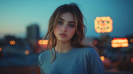 A creative photo of a girl in a blank t-shirt looking straight at the camera, standing on a rooftop with neon signs starting to glow in the background. Blue hour light gives a moody vibe.