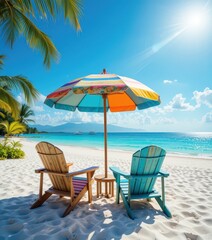 Two vibrant beach chairs, one red and one blue, sit invitingly beneath a large, colorful umbrella, casting shade on the soft, golden sand, with gentle waves lapping nearby.