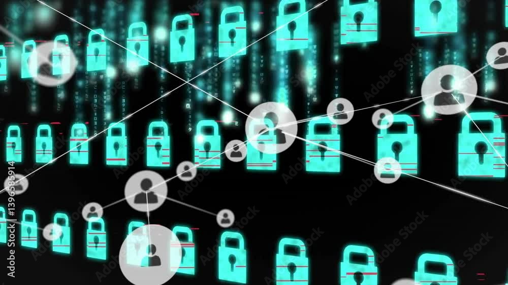 Poster network of connections and data processing animation over digital security icons