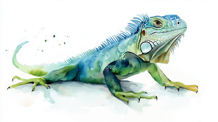 Fototapeta premium A simple watercolor illustration of a relaxed iguana, using cool green and turquoise tones with minimal details, placed against a crisp white background