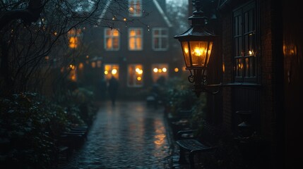 Obraz premium Misty alleyway, gas lamp, old houses, rain, night