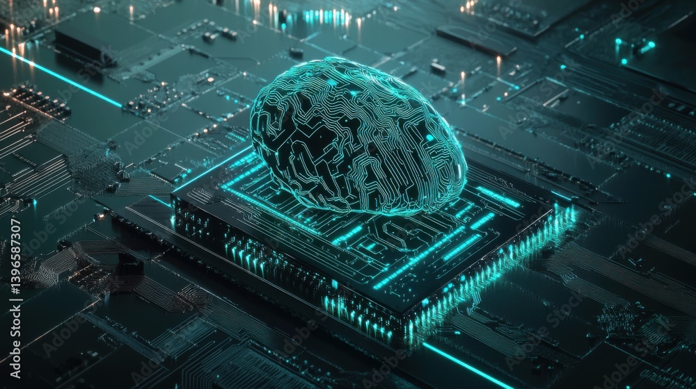 Poster a digital representation of a brain over a circuit board, symbolizing artificial intelligence and te