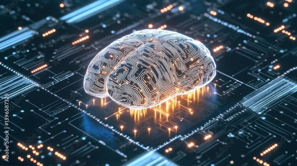 Poster a digital representation of a brain made with circuit patterns, symbolizing the intersection of tech