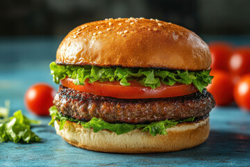 Hamburger topped with lettuce and cheese, served on a plate.
