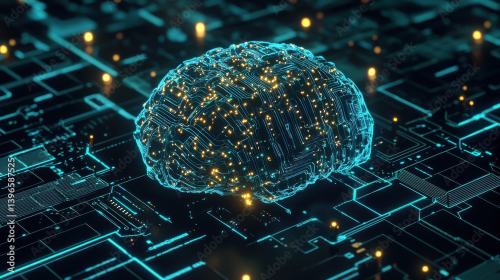 Poster a digital representation of a brain with circuit patterns, symbolizing the intersection of technolog