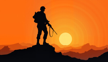 Fototapeta premium Soldier standing silhouetted against a sunset in the mountains - 