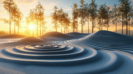 Serene Sunrise Over Rippled Sand Dunes and Silhouette Trees