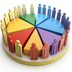 Colorful pie chart and figures represent market segmentation and population density. 