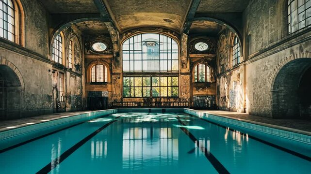Sunlit Interior of Abandoned Indoor Swimming Pool