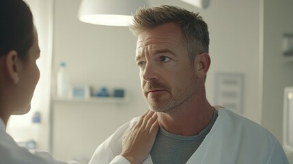 Obraz premium Doctor Examining Patient: A Close-Up View of a Doctor's Hand Gently Touching a Male Patient's Neck During a Medical Examination in a Clean, Modern Clinic Setting.