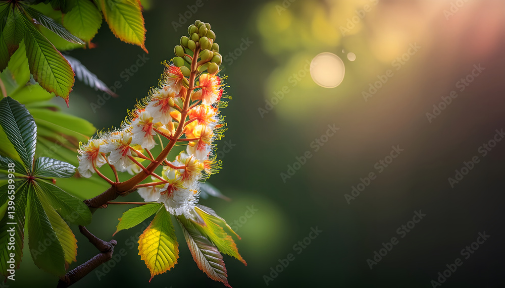 Poster a close-up of a flowering branch with vibrant green leaves, illuminated by soft light, showcasing na