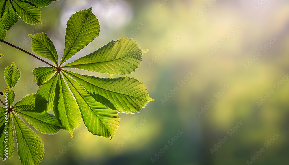 Poster delicate green leaves with intricate textures set against a softly blurred background, evoking tranq