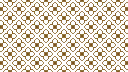 Geometric brown and white seamless pattern with floral accents. Abstract linear tile design.