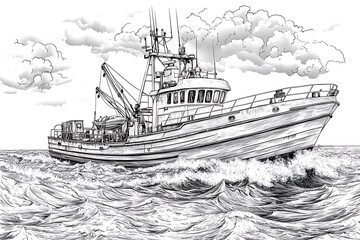 Fototapeta premium Black And White Illustration Of Fishing Boat On The Ocean Water With Clouds