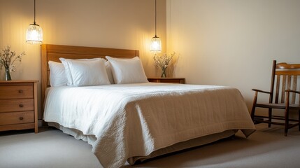 Warm, inviting bedroom with a neatly made bed, wooden furniture, and soft lighting creating a peaceful atmosphere