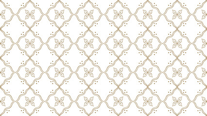 Delicate gold floral and geometric seamless pattern on white. Ornate lattice and stylized leaf design.