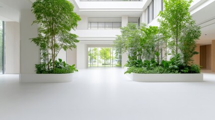 Modern, bright interior courtyard with lush greenery