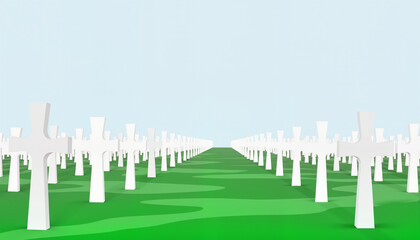 Abstract cemetery landscape with white crosses on green grass  