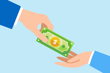Flat illustration of businessman hand money banknote to friend symbolizing borrowing or lending