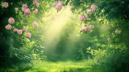 Fototapeta premium Blooming hydrangeas in a serene garden, lush greenery under soft sunlight. Peaceful countryside charm and natural beauty.