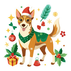 Merry Christmas, Cartoon smiling dog in Santa Claus hat, watercolor clipart isolated on a white background
