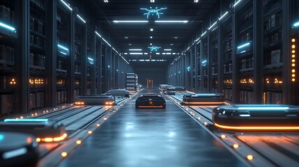 A wide-angle view of a futuristic warehouse with AI robots transporting packages on glowing tracks, autonomous drones flying above, seamless inventory workflow in progress.