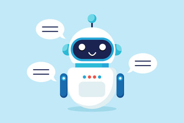 Flat illustration of smart robot chatbot speak with speech bubble symbolizing AI driven customer service