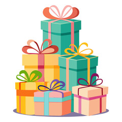 Watercolor illustration of a stack of christmas gifts with ribbons and candy canes on a black background on transparent background