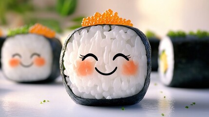 Cute smiling sushi roll with orange caviar.