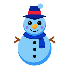 Cheerful cartoon snowman with a blue hat and red-striped scarf enjoying a winter day outdoors
