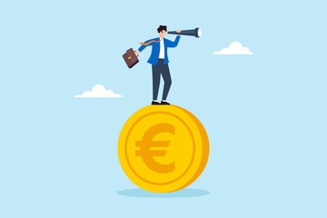 Flat illustration of businessman investor stand on euro coin using telescope to predict Europe economy