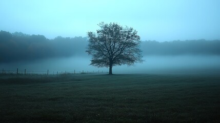 Solitary tree standing in a misty field on an atmospheric morning