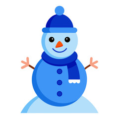 Cheerful cartoon snowman with a blue hat and red-striped scarf enjoying a winter day outdoors
