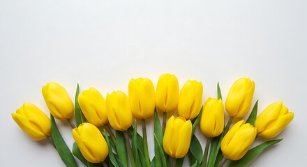 Beautiful composition of tulip, spring flowers. Yellow tulips flowers on white background. Valentine's Day, Easter, 8th march, Happy Women's Day, Mother's Day. Flat lay, top view, copy space