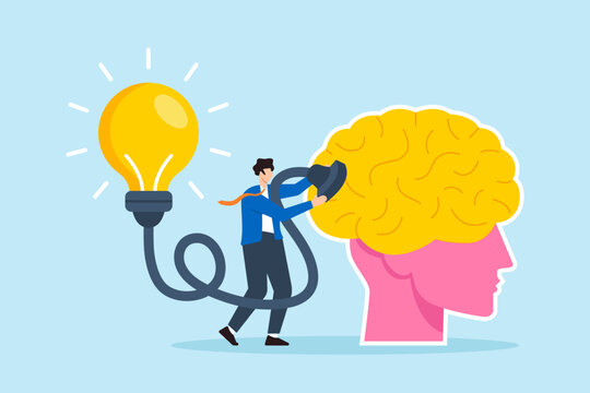 Flat illustration of businessman connect lightbulb idea plug to human brain symbolizing creativity and innovation