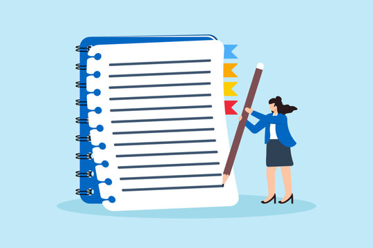 Flat illustration of smart woman hold big pencil thinking and writing content on notepad
