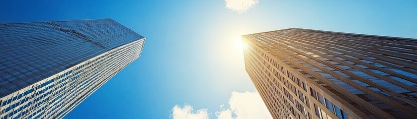 Fototapeta premium Smart City Development with Urban Innovation and Advanced Security Systems, Tall buildings reaching towards a bright blue sky with the sun shining above.