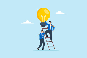 Flat illustration of businessmen help colleague climb up lightbulb idea symbolizing teamwork and leadership