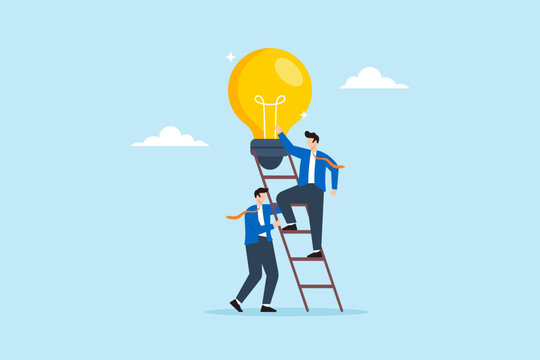 Flat illustration of businessmen help colleague climb up lightbulb idea symbolizing teamwork and leadership