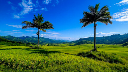 Obraz premium Green rice field with two palm trees in the background, rural landscape