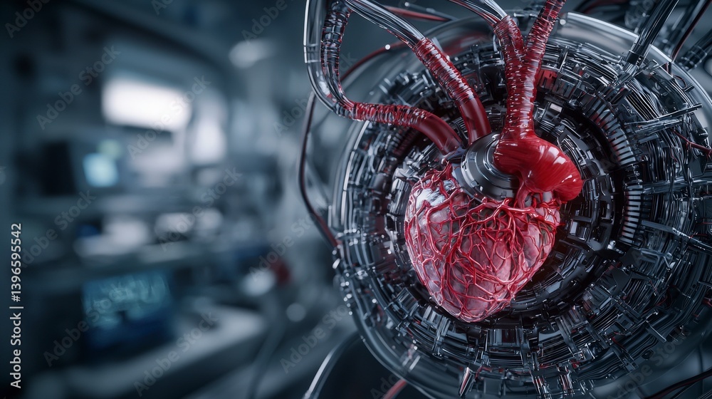 Poster futuristic artificial heart digital lab 3d render sci-fi environment close-up view technology concep