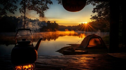 Serene sunrise camping trip by the lake nature scene outdoor adventure tranquil atmosphere close-up perspective