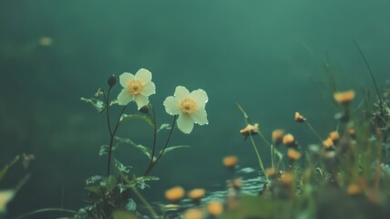 Delicate White Wildflowers in a Teal Green Setting