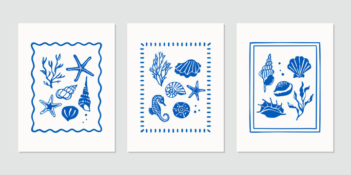 hand drawn seashell and sea life illustrations with coral, starfish, shells and marine elements in blue ink style